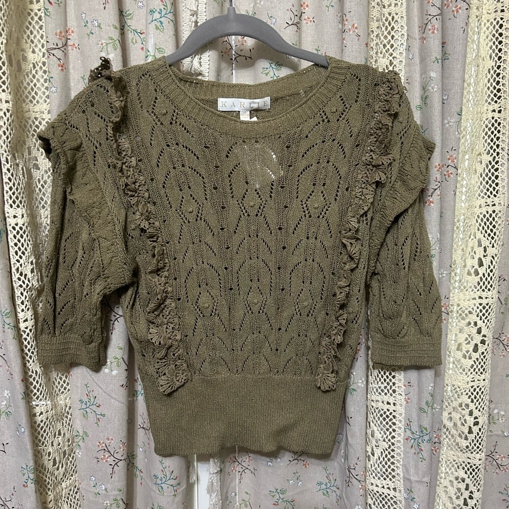 2/$28 Karlie Olive Scoop Crocheted Ruffle Sweater Size Small NWT
